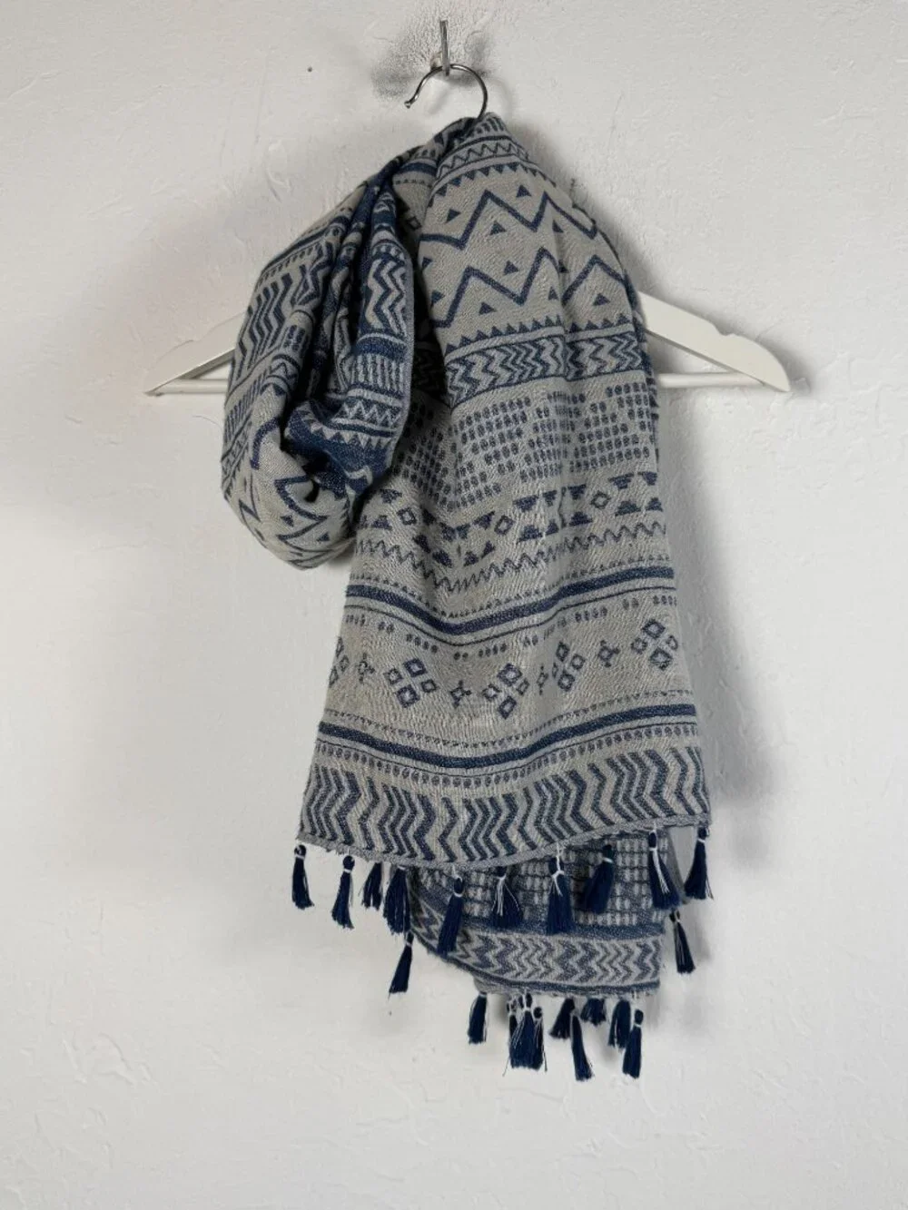 Springfield Tribal Aztec Scarf Navy Gray Tassels Boho Wrap Scarf 68x27